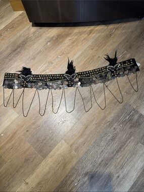 Black Beaded Coin Fringe Belly Belt with Feather Accents